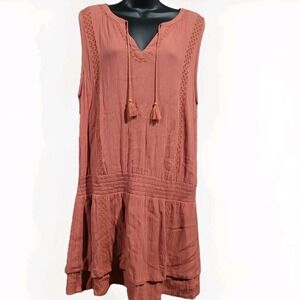 prAna Bohemian Tunic Dress Sz XL Rust Red V-Neck Tasseled Sleeveless Embroidered